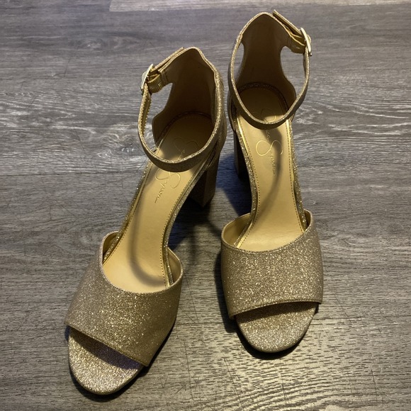 Jessica Simpson Shoes - JESSICA SIMPSON "SHERRON"‎ ANKLE STRAP BLOCK HEEL SANDAL GOLD GLITTER FINISH 10M